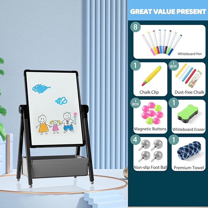 Art Easel for Kids, Double Sided Kids Easel Drawing Board, Whiteboard & Chalkboard for Kids, 360°Rotating Adjustable Kids Easel Art Set, Standing Erasable Easel Board, Easel for Classroom (Black)