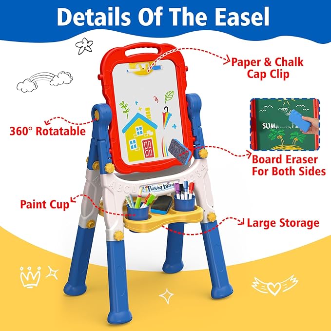 Kids Easel for Toddlers Age 2-4 Art Magnetic White Board & Chalkboard Double Side Adjustable Stand Drawing Writing Learning Educational Toy for 2 3 4 Year Boys Girl Birthday Gifts