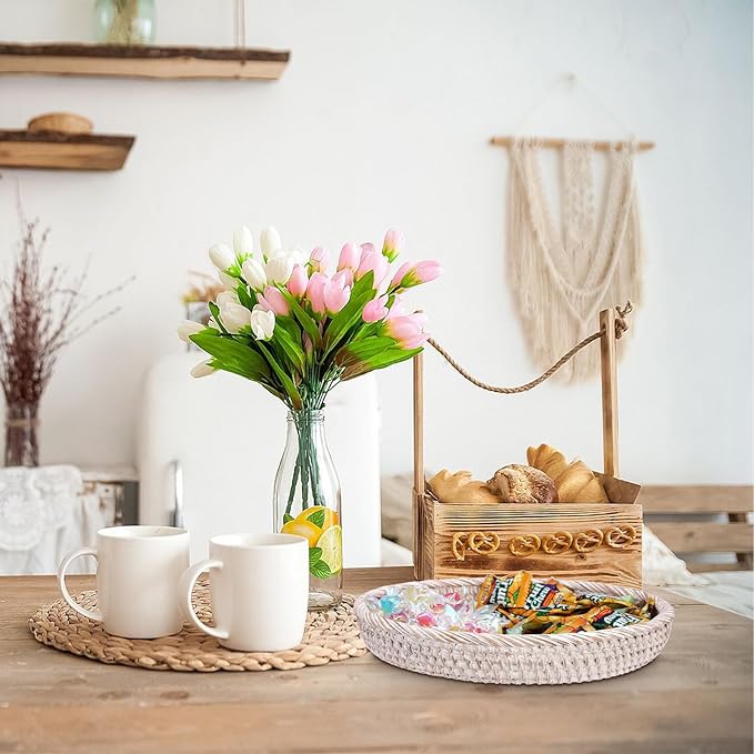 Hipiwe Round Key Bowl for Entryway, 9" Decorative Rattan Tray Woven Wicker Storage Holder Serving Basket Tray for Fruit Snacks Candy, Whitewash