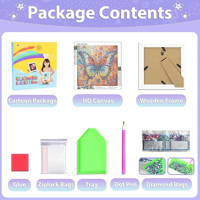 hkejoi Butterfly Diamond Art Painting Kits for Kids with Frame,Butterfly Diamond Art for Kids Ages 4-6-8-12,Easy Kids Gem Art Kit with Cartoon Box for Gift Home Wall Decor 7x7 inch