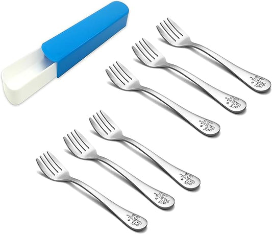 TeamFar Toddler Fork, Stainless Steel Toddler Utensils Forks Set of 6, Non Toxic & Healthy, Cute Animals & Attached Travel Case - Dishwasher Safe