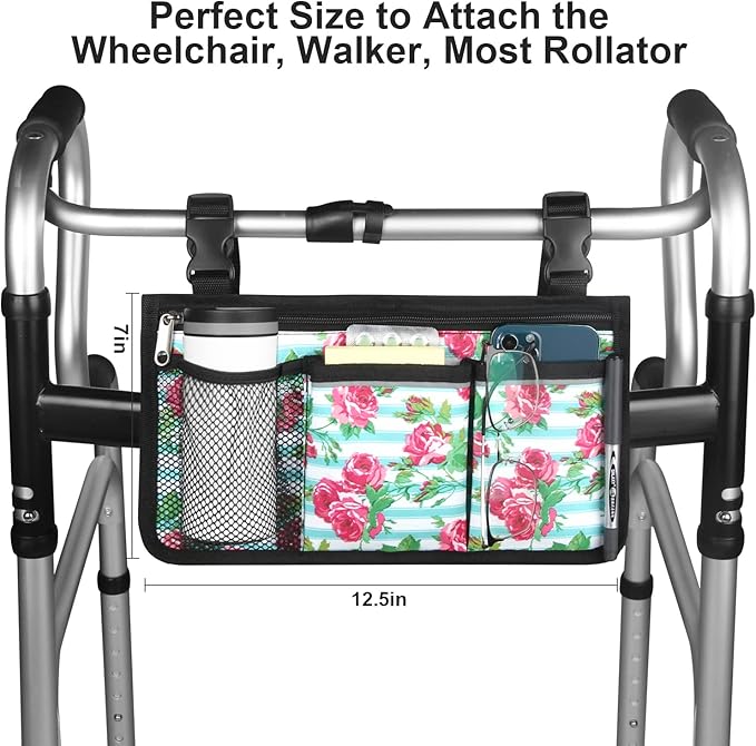 Wheelchair Side Bag, Upgrade Flower Color Wheelchair Armrest Storage Pouch with Cup Holder and Reflective Strip Made with Waterproof Fabric, for Most Wheelchairs, Walkers and Rollators (White Floral)
