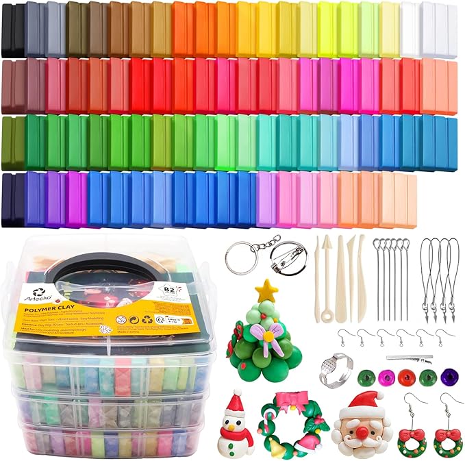 Artecho Polymer Clay, 82 Colors Modeling Clay for Kids, Christmas Earring Making Kit with Sculping Tools, Sculpey Clay Kit for Christmas Gifts