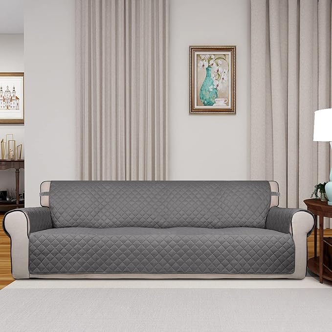 PureFit Reversible Quilted Sofa Cover, Water Resistant Slipcover Furniture Protector, Washable Couch Cover with Non Slip and Elastic Straps for Kids, Dogs, Pets (XX Large, Gray/Gray)