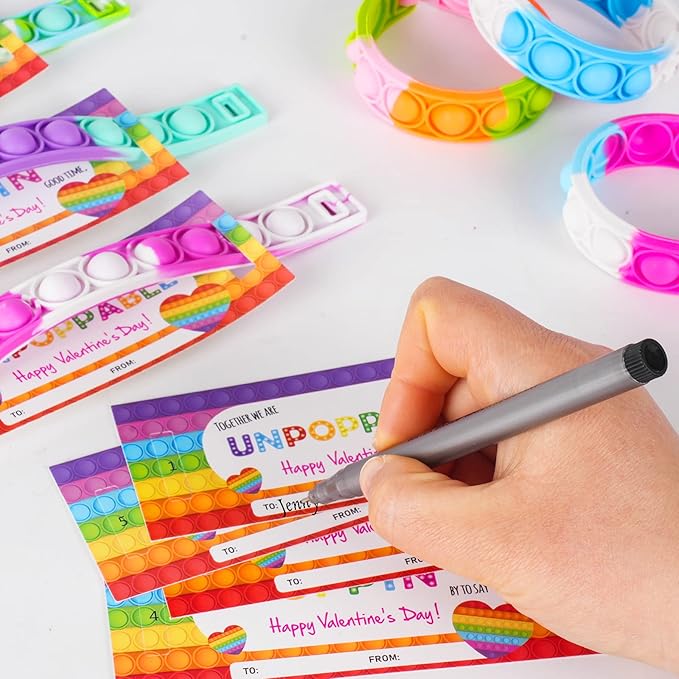 28 Packs Valentines Day Gift Cards with Pop Fidget Bracelets Toy for Kids, Stress Relief Sensory Toy for School Classroom Valentine’s Exchange Greeting Cards, Boys Girls Party Favors