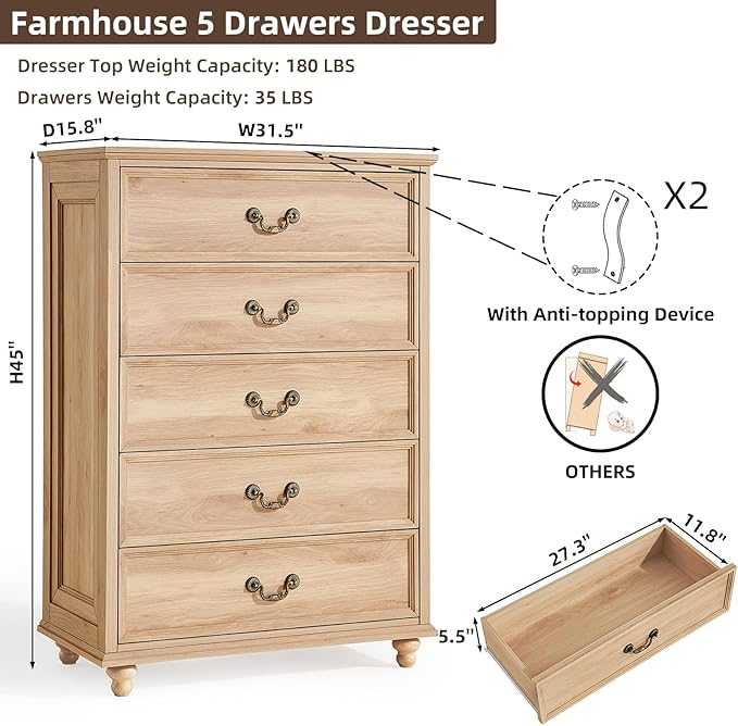Farmhouse 5 Drawer Dresser for Bedroom, 45" Tall Vinatge Chests of Drawers w/ 4 Solid Gourd Feet, Mid Century Modern Boho Wood Closet Storage Dressers Organizer for Living Room, Natural Oak