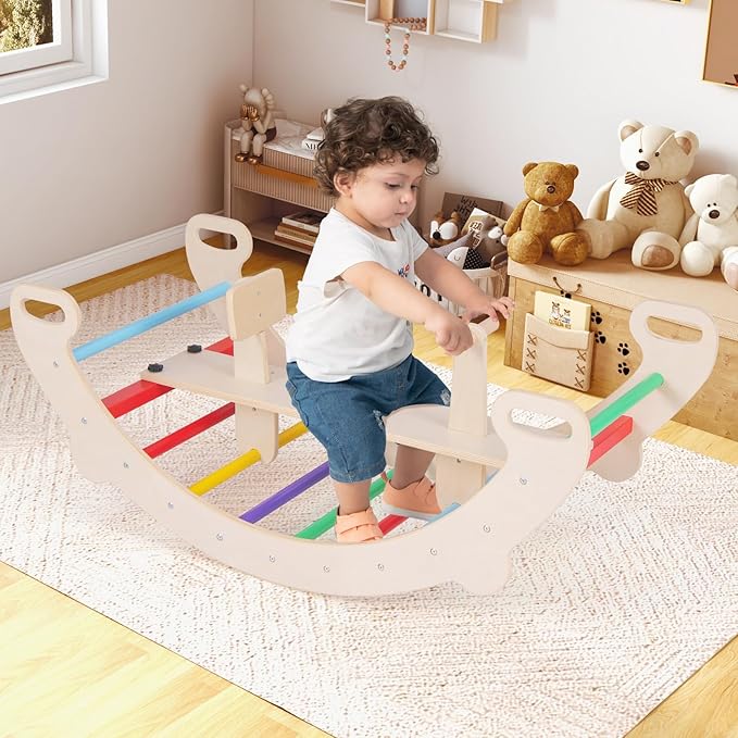 HONEY JOY Wooden Rocking Climbing Arch, 4-in-1 Montessori Kids Arch Rocker Climber Ladder for Rocking Horse, Children Indoor Outdoor Gym Learning Playset, Playground Climbing Toys for Toddlers Gift