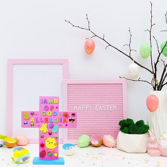 18 Sets Easter Cross Decorations DIY Craft Kits Assorted Foam Cutouts Egg Bunny Chick Stickers Pom-poms for Kids Classroom Sunday School VBS Activity Art Project