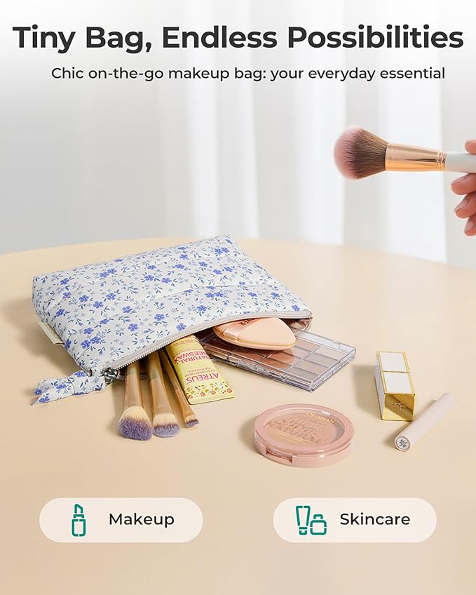 BAGSMART Small Makeup Bag, Puffy Portable Cosmetic Pouch with Charm Zipper, Water-Resistant Travel Organizer for Women (Khaki Checkerboard, Small)