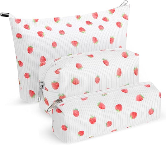 Huhumy 3 Pcs Makeup Bag Set for Women Corduroy Cosmetic Pouch Aesthetic Smile Travel Toiletry Bag Cute Purse Pouch Pencil Case Makeup Brushes Storage Organizer for Valentine(White,Strawberry)