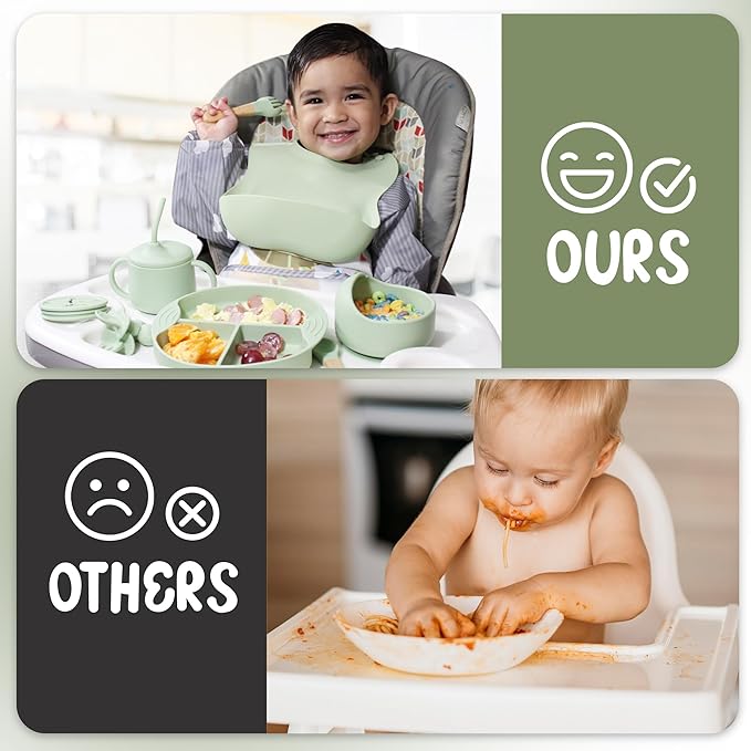 Silicone Baby Feeding Set, Eating Utensils with Suction Plate and Bowl, Baby Led Weaning Supplies, Toddler Self Feeding Dish Set, Waterproof Bib, Baby Feeding Essentials, Spoon 10pcs (Green)