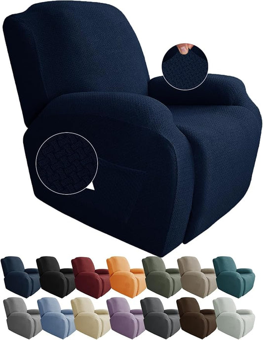 JIVINER Oversized Recliner Chair Covers 4 Piece Stretch Lazy Boy Recliner Sofa Slipcover Jacquard Large Recliner Covers with Elastic Bottom Soft Furniture Protector (XL Recliner,Navy Blue)