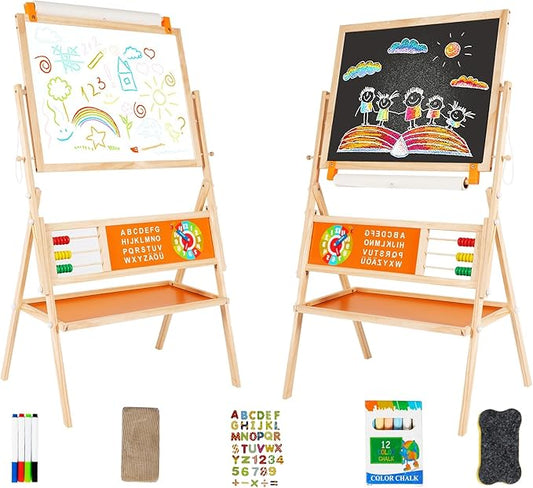 3-in-1 Wooden Easel for Kids, Toddle Double-Sided Easel with Magnetic Whiteboard and Painting Blackboard, 360° Rotatable, Paper-roll Holder, Storage Tray, and Stickers Included