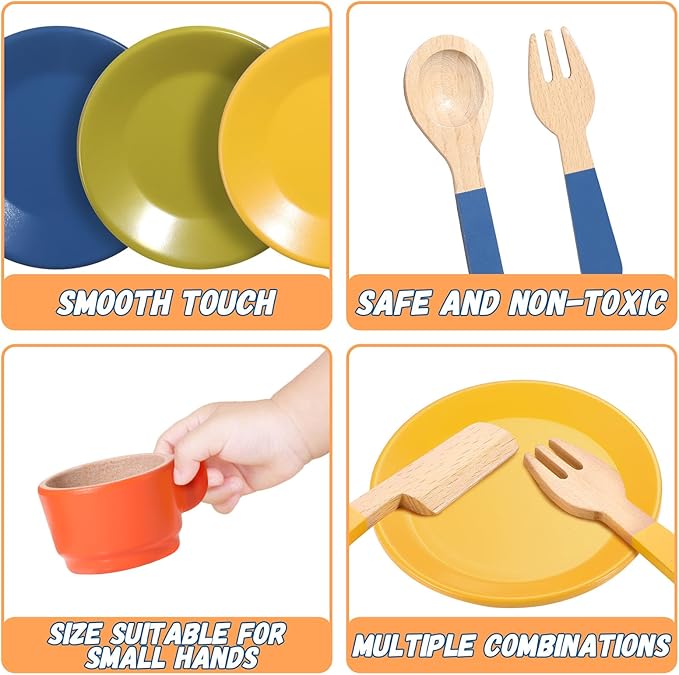 GAGAKU Wooden Play Food Sets for Kids Kitchen,Montessori Wooden Play Food Toys Play Plates and Dishes for Kids Wooden Play Kitchen Accessories Play Dishes for Toddler Boys Girls Gifts