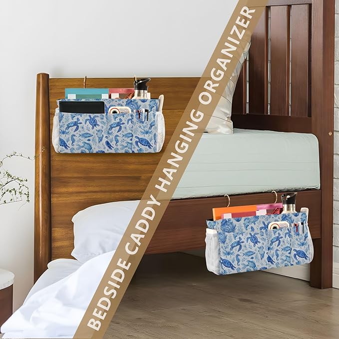 Ink Blue Turtles Fish Crabs Bedside Caddy for Dorm Bed Bedside Hanging Caddy Bag Iron Frame Storage Organizer Pocket for Bunk Home College Hospital Beds 2 Hooks