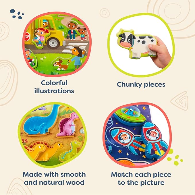 B. toys- Peek & Explore 5-Pack: Bus, Farm, Sea, Space, Dino- Chunky Puzzle 5-Pack – Wooden Puzzles– 8 Pieces Each – 2 Years +