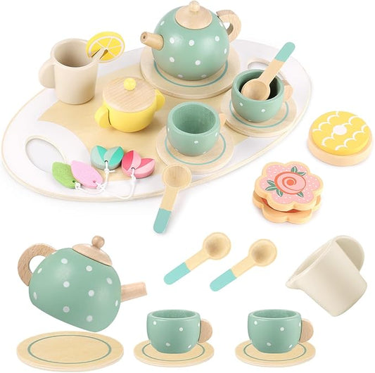 GAGAKU Wooden Tea Set for Little Girls,Wooden Toys Toddler Tea Set Play Kitchen Accessories for Kids Pretend Play Food Playset for Kids Tea Party 15Pcs