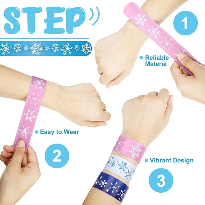 48 Pieces Snowflake Slap Bracelet Winter Theme Snowman Snap Bracelet Kids Party Favors Classroom Prizes Kids Bracelet Slap Bracelets Wristbands for Kids Children Winter Party, 12 Styles (Snowflake)