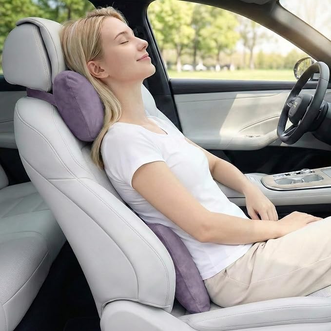WELBRIT 2PCS Car Pillow for Car Neck Pillow for Driving Seat Lumbar Support Soft Cushion with Extra Filling Accessories Back Support for Travel Nap and Trips Sleeping (Violet, Head and Lumbar)