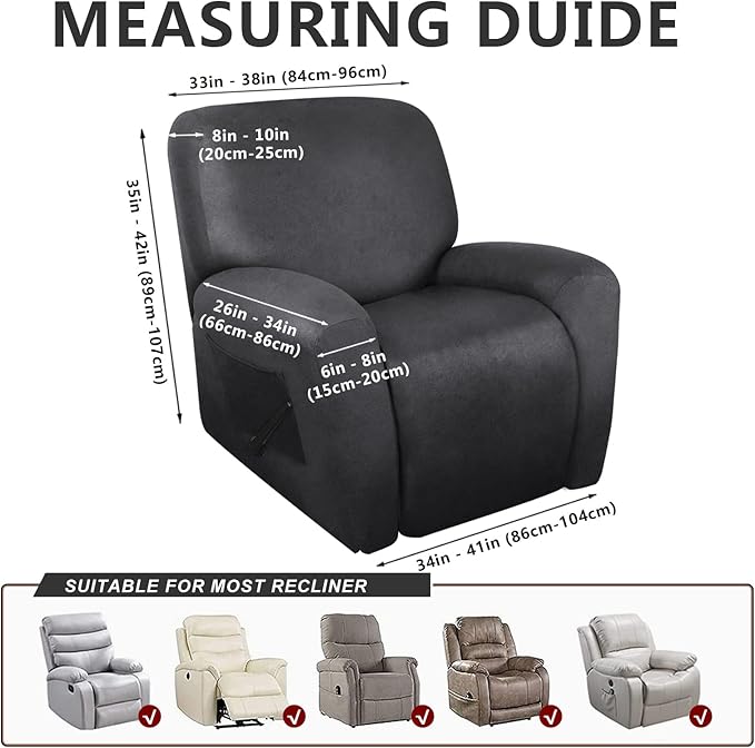 Leather Look Recliner Chair Covers Stay in Place 4-Piece Lazy Boy Recliner Slipcovers for Reclining Chair Furniture Protector Spandex Fabric Washable (X-Large, Dark Gray)