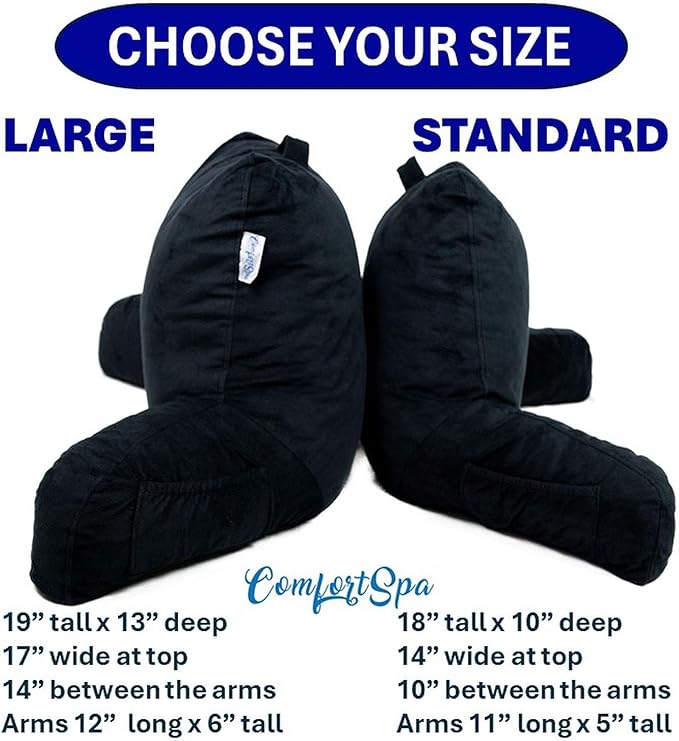 ComfortSpa Reading Pillow for Kids Teens Adult, Back Rest Pillow with Arms, Pockets, Washable Cover; Use as a Back Pillow for Bed Sitting Up for Bedrest or Relief from GERD Heartburn (Standard Black)