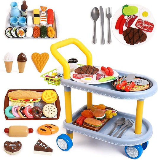 Kids Food cart Toy Sets,Kids Role Play Large Dining car Toys and 98pcs Food, Kitchen, Tableware Accessories., Educational Toys for 3+ Years Boys/Gir