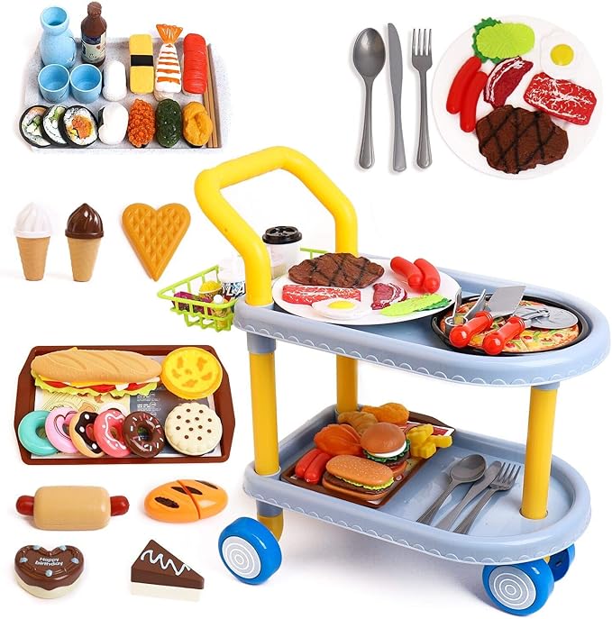 Kids Food cart Toy Sets,Kids Role Play Large Dining car Toys and 98pcs Food, Kitchen, Tableware Accessories., Educational Toys for 3+ Years Boys/Gir