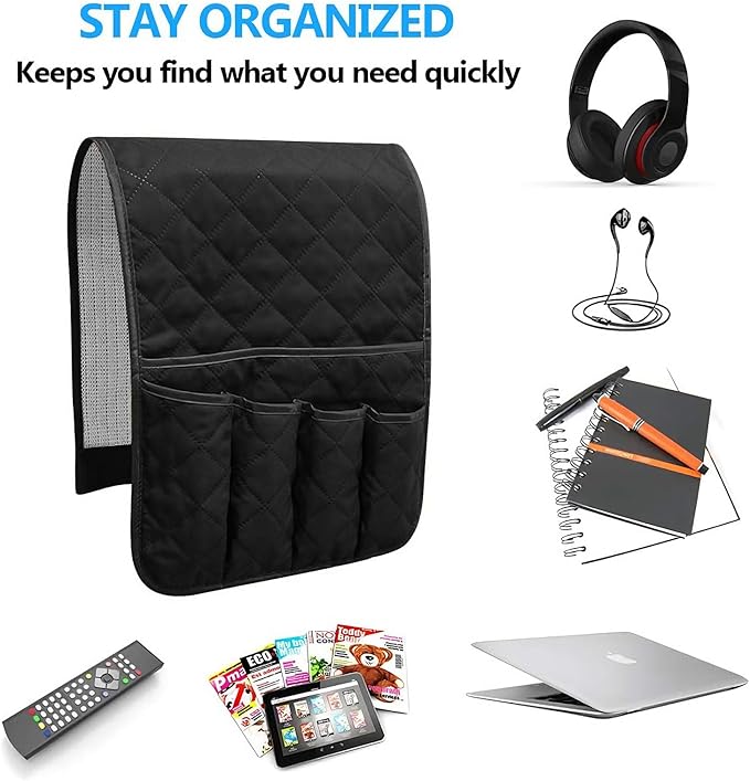 Sofa Armrest Organizer Non-Slip Arm Chair Bedside Caddy Storage Organizer for Recliner Couch with 5 Pockets for Cell Phone TV Remote Control Magazines (BLACK)