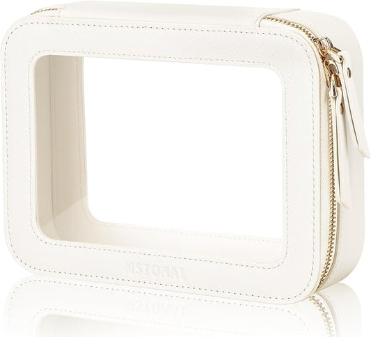 MSTONAL Clear Makeup Bag, Travel Toiletry Bag Cosmetic Case for Women, Waterproof Portable Make Up Skincare Pouch with Zipper, Compact Car Organizer Bag for Essentials, Medium Size, Ivory White