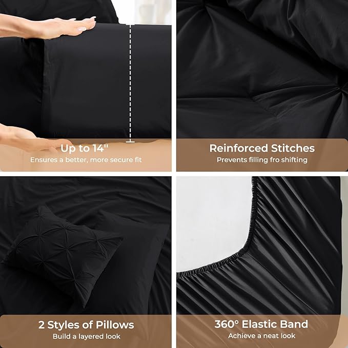 Sasttie Twin Comforter Set, 5-Piece Bed in a Bag, Pintuck Bedding Sets for All Season, Includes Comforter, Flat Sheet, Fitted Sheet, Pillowcase and Pillowsham, Black