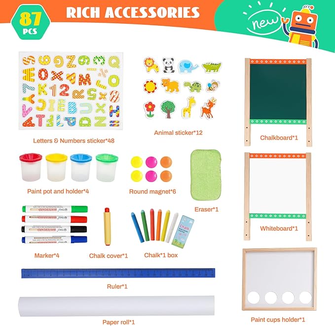 Kids Wooden Easel Foldable Double Sided Whiteboard Blackboard Children Art Easel with Storage, Height Adjustable Easel for Boys Girls Painting and Writing with Gift Packs (Green robot)