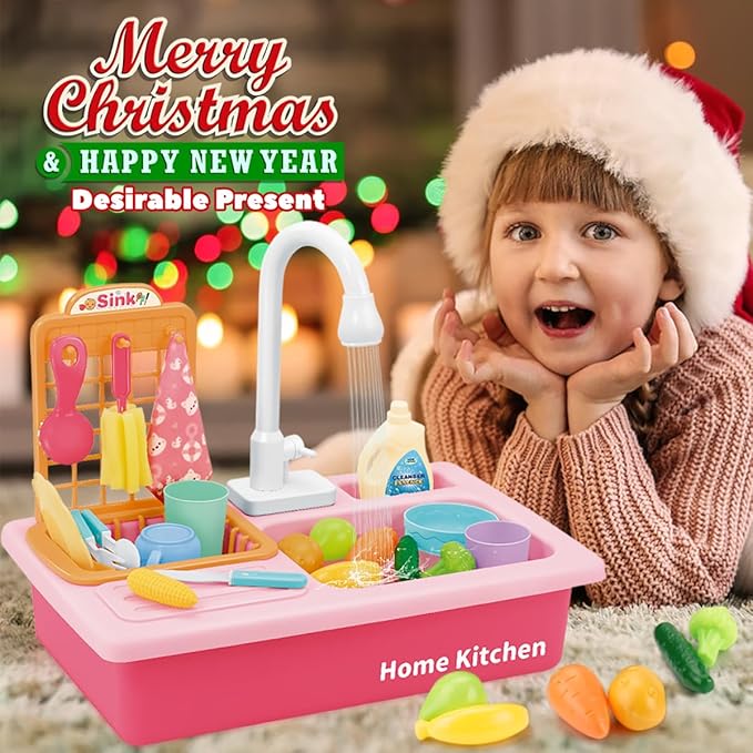 BOBXIN Play Sink with Running Water, Kids Pretend Play Kitchen Toy Sink for Girl, Role Play Electric Dishwasher Kitchen Water Toys Set with Upgraded Working Faucet and Dishes Playset for Boy Toddler