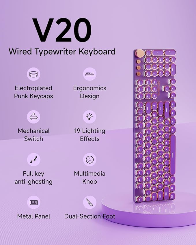 EWEADN Typewriter Style Mechanical Keyboard, Wired Typewriter Keyboards,104 Keys Backlit LED Metal Keyboards, Media Control Knob, Wired Computer Keyboard Pink Switch for Windows/Mac/PC-Purple