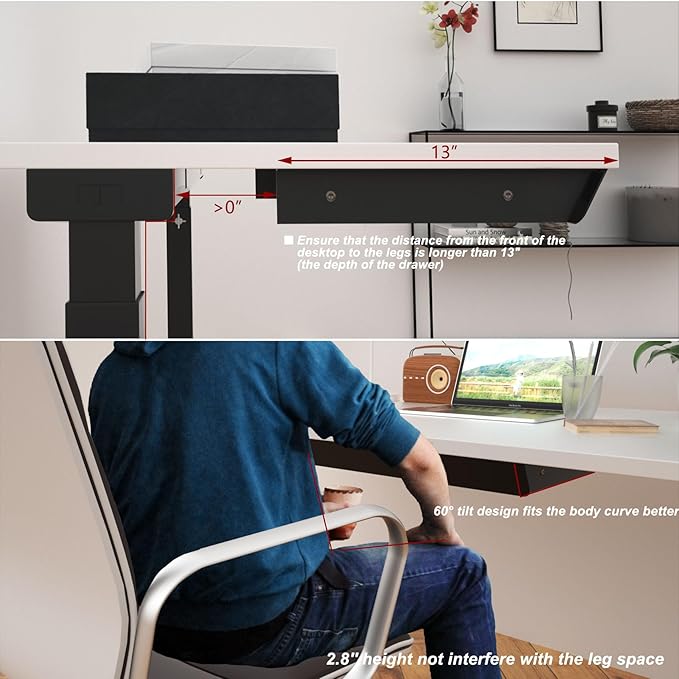 Large Under Desk Mounted Sliding Drawer with Pencil Tray and 60 Degree Tilt Panel to Pull Out, 26'' Long & 13'' deep Large Storage Organizer for Sit Stand Workstation