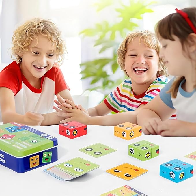 Face Changing Building Blocks Game, Wooden Expression of Face Change Magic Cube Educational Puzzles Toy Fidget Toys Cube Mini Board Game for Kids and Adults with 72 Cards (Large)
