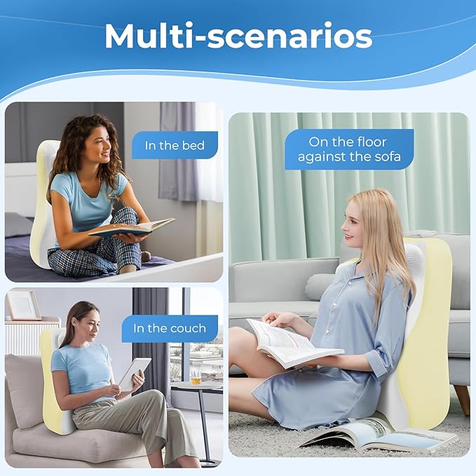 Ergonomic S Curve Reading Pillow for Sitting in Bed Adult- Back Pillow for Bed Sitting up with Adjustable Headrest- Memory Foam,Yellow