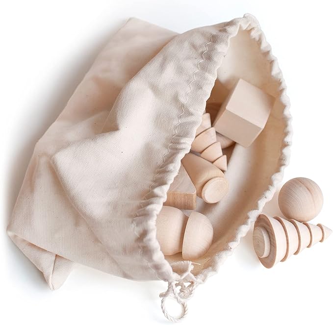 Ulanik Wonderful Bag Toddler Montessori Toys for 3 Year Old + Unfinished Wooden Figurines for Shape Sorting & DIY Painting Pyrography Decoupage Crafts — 20 pcs