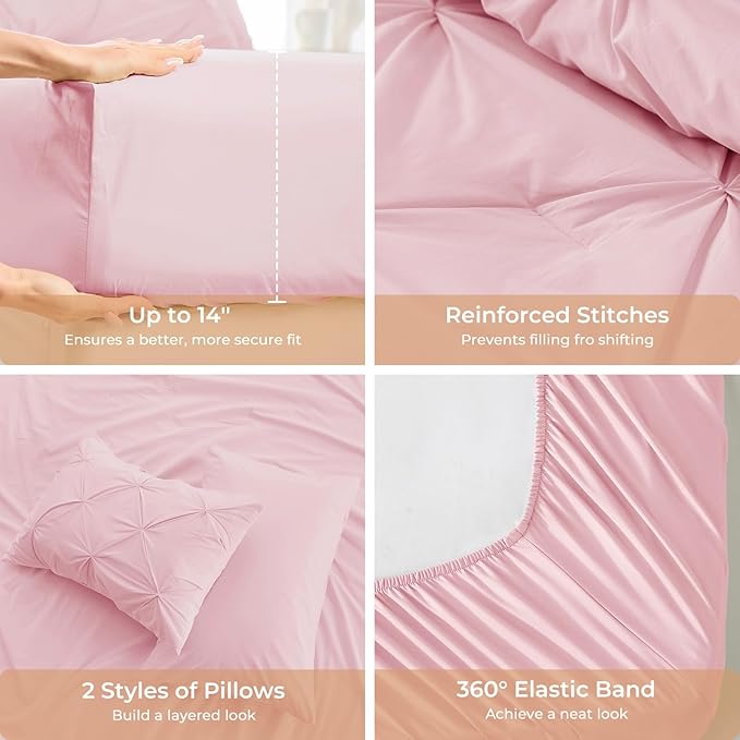 Sasttie Full Size Comforter Set, 7-Piece Bed in a Bag, Pintuck Bedding Set for All Season, Includes Comforter, Flat Sheet, Fitted Sheet, Pillowcases and Pillowshams, Baby Pink