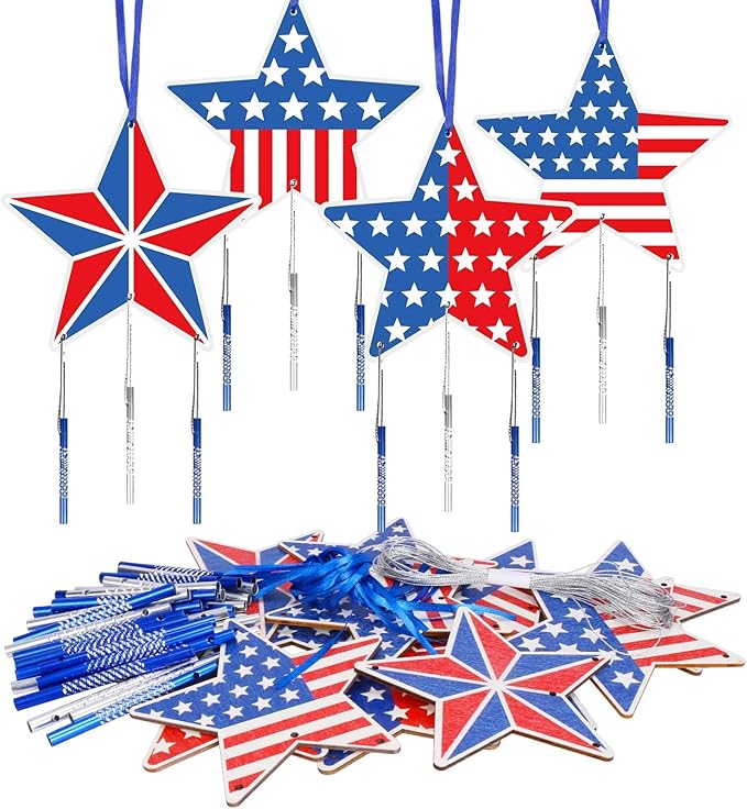 Fennoral 12 Pack Star Wind Chime Kit for Kids Make You Own Patriotic Star Wind Chimes DIY Colorful 4th of July Craft for USA Independence Day Ornaments 4th of July Art Activity