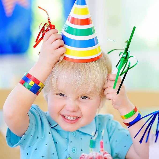 Civaner 48 Pieces Building Blocks Party Favors Building Block Slap Bracelets Silicone Wristband Color Brick Party Slap Bracelet Building Blocks Bracelets for Colorful Birthday Party Favors