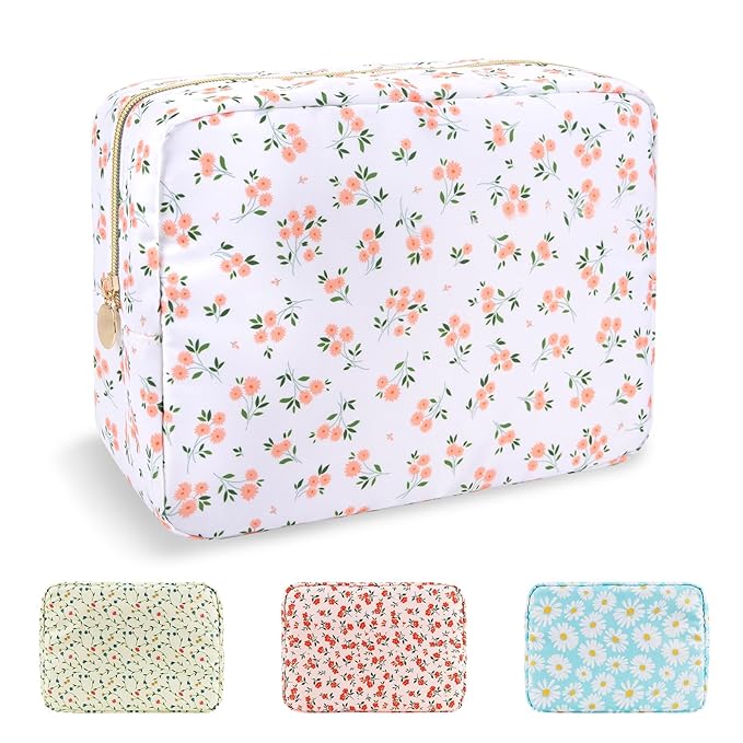 UIXIZQ Waterproof Large Floral Makeup Pouch,Nylon Travel Toiletry Storage Purse Preppy Cosmetic Bag for Women Girl,Large Capacity Makeup Organizer Zipper Pouch for Work(L White-Flowers)