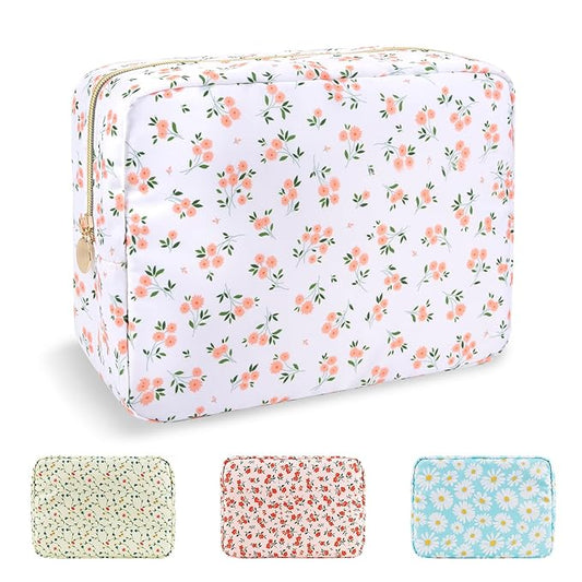 UIXIZQ Waterproof Large Floral Makeup Pouch,Nylon Travel Toiletry Storage Purse Preppy Cosmetic Bag for Women Girl,Large Capacity Makeup Organizer Zipper Pouch for Work(L White-Flowers)
