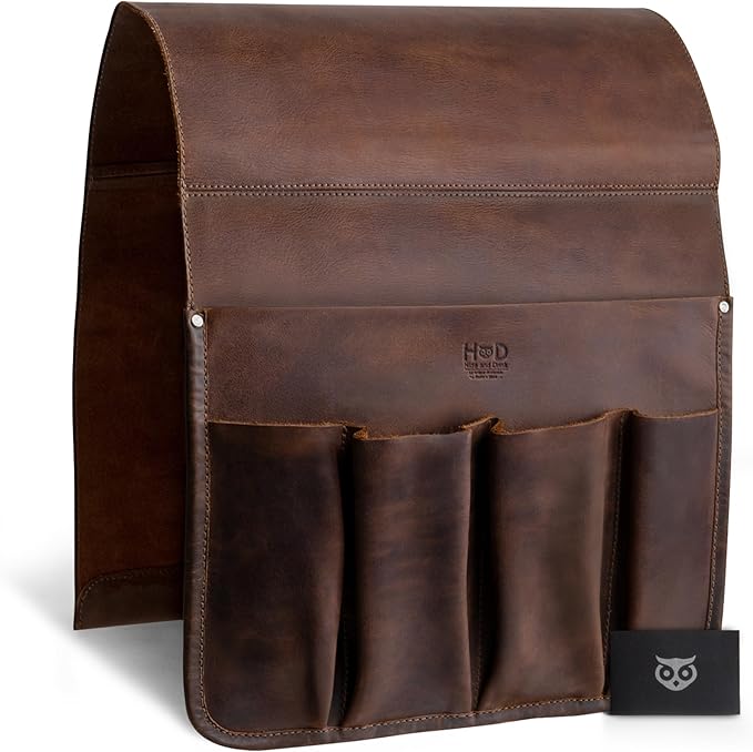 Hide & Drink, Magazine Holder for Sofa Armrest, Organizer Pouch, Armchair Caddy, Full Grain Leather, Handmade (Bourbon Brown)