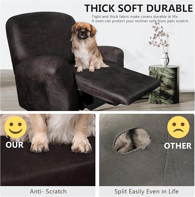 Leather Look Oversize Recliner Chair Covers, Thick 4 Pieces Lazy Boy Recliner Covers for Recliner Chair, Leather Cover for Recliner Slipcovers for Pets Kids(X-Large, Black Coffee)