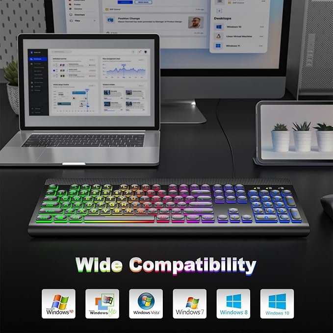 Large Print Backlit Keyboard, USB Wired Computer Keyboard, Full Size Keyboard with Rainbow Illuminated LED Compatible for Windows Desktop, Laptop, PC, Gaming, Black
