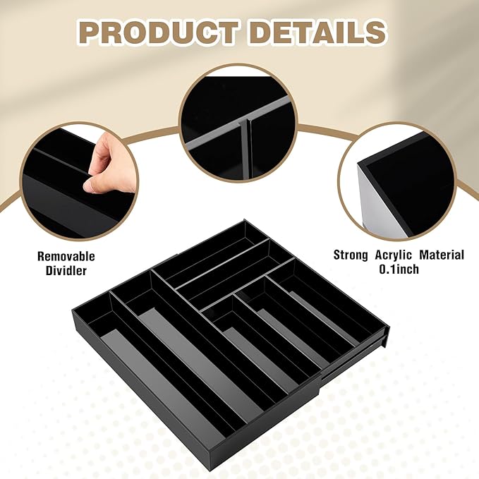 Briwooody 1 Pcs Acrylic Drawer Organizer 9'' up to 18'' x 15'' x 2'' Expandable Drawer Organizer Pens Notebook Ruler Makeup Tray with 7 Adjustable Compartments for Desk Office Kitchen Bathroom(Black)