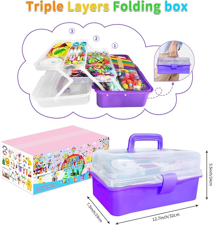 Itopstar 3000+ Kids Arts and Crafts Supplies for Kids Girls Ultimate Crafting Supply Set in Portable 3 Layered Plastic Art Box All in One for Craft DIY Art Supplies Crafts for Girls 8-12