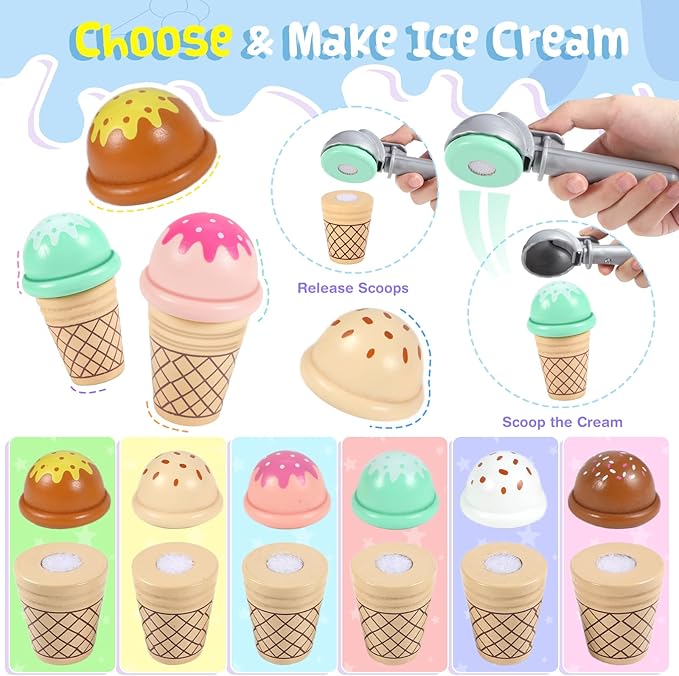 Ice Cream Toy, Wooden Ice Cream Toys for Kids Toddlers, Pretend Play Kitchen Food Toys, Ice Cream Counter Shop Playset for Kids, Kids Ice Cream Cart, Toys for 3 4 5 6 7 8 Year Old Girls Boys