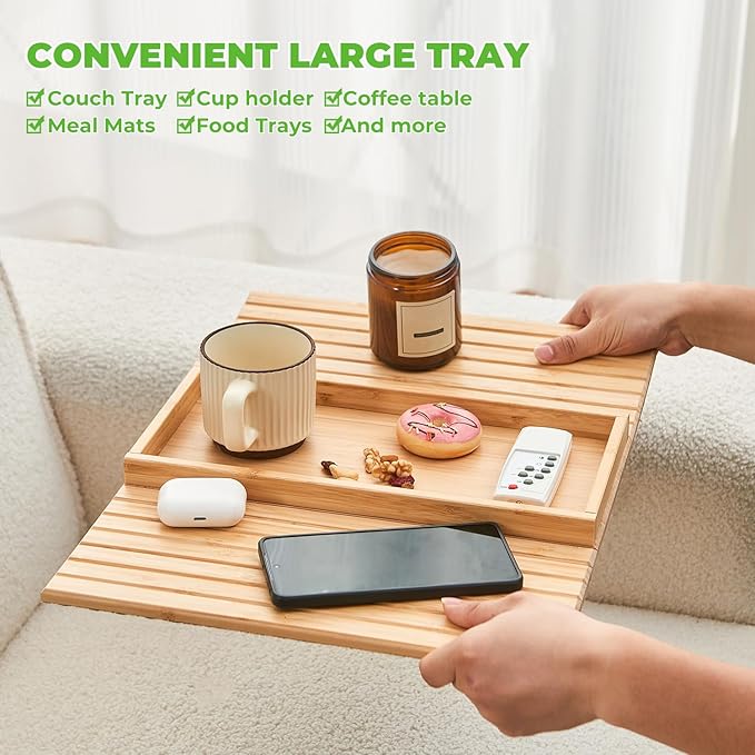 Bamboo Sofa Arm Tray, Anti Falling Couch Arm Tray Table, Foldable Couch Armrest Table, Portable Sofa Armrest Trays Cup Holder for Drink, Cups, Phone, Snacks, Remote
