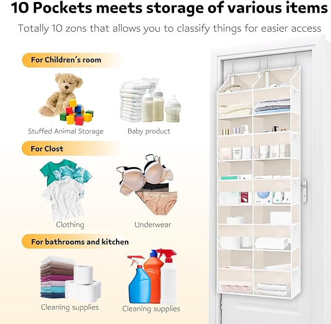 Ofiray-home Over the Door Organizer 5 Tiers,Extra Large Behind Door Storage of 10 Compartments,80 lbs Weight Capacity Over the Door Storage, Door Hanging Organizer for Closet, Diaper Organizer, Beige
